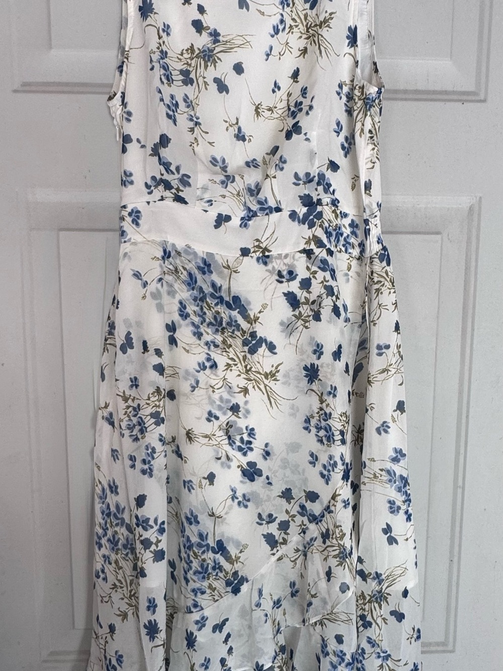 White Floral Sleeveless Midi Dress with Blue Print